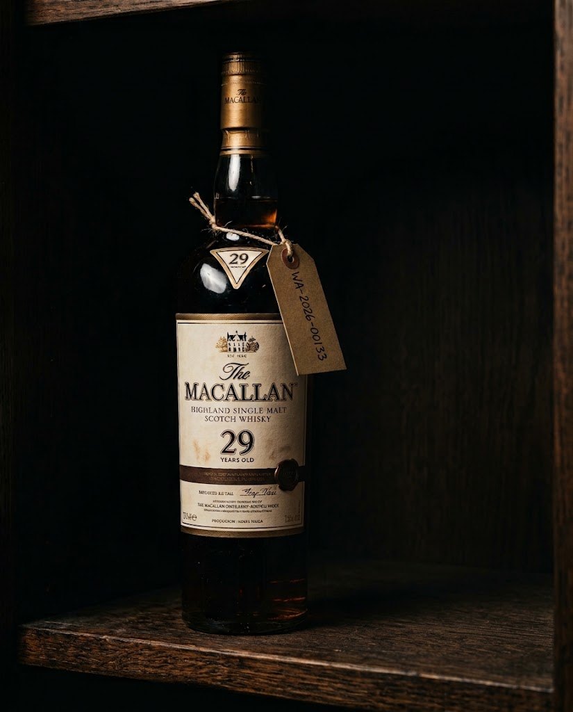 The Macallan 29 anys amb etiqueta de registre de custòdia de WHISKY.AD — imatge il·lustrativa del programa de propietat, Andorra la Vella