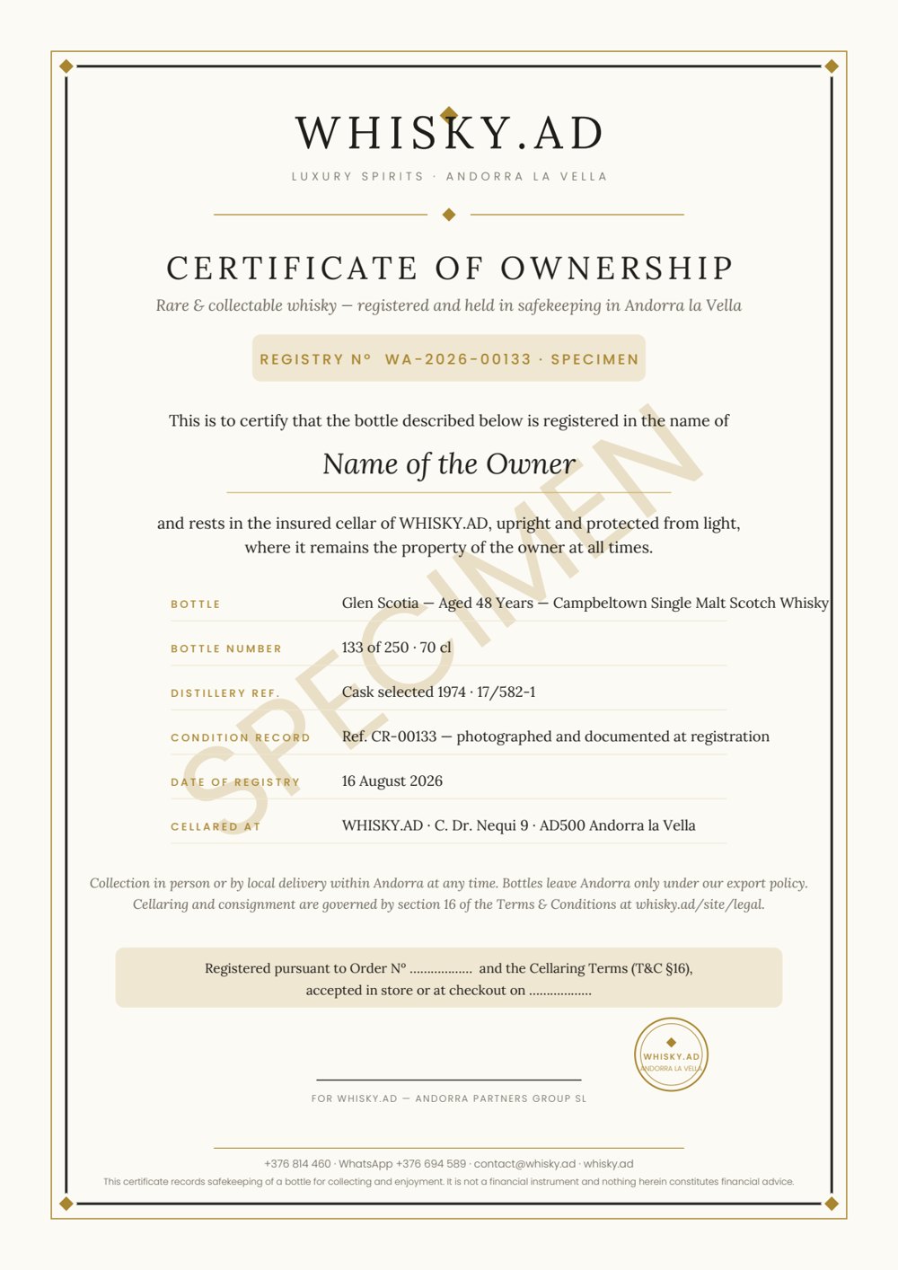 Espècimen del certificat de propietat emès per WHISKY.AD per a ampolles registrades i en custòdia a Andorra la Vella